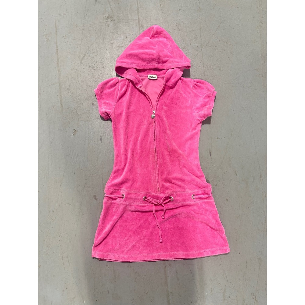 Y2K Elan Pink Velour Hooded Mini Dress Zip Up Heart Pull Y2K Terry Cloth Small